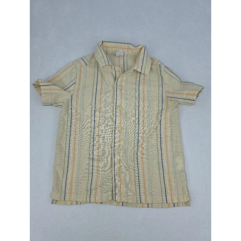 Old Navy Boy's Cream Short-Sleeve Button-Up Shirt with Stripes Size 3T AL-3532